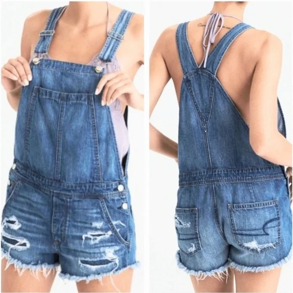 American Eagle Outfitters Blue Distressed Denim Overalls Size Small - Picture 1 of 3